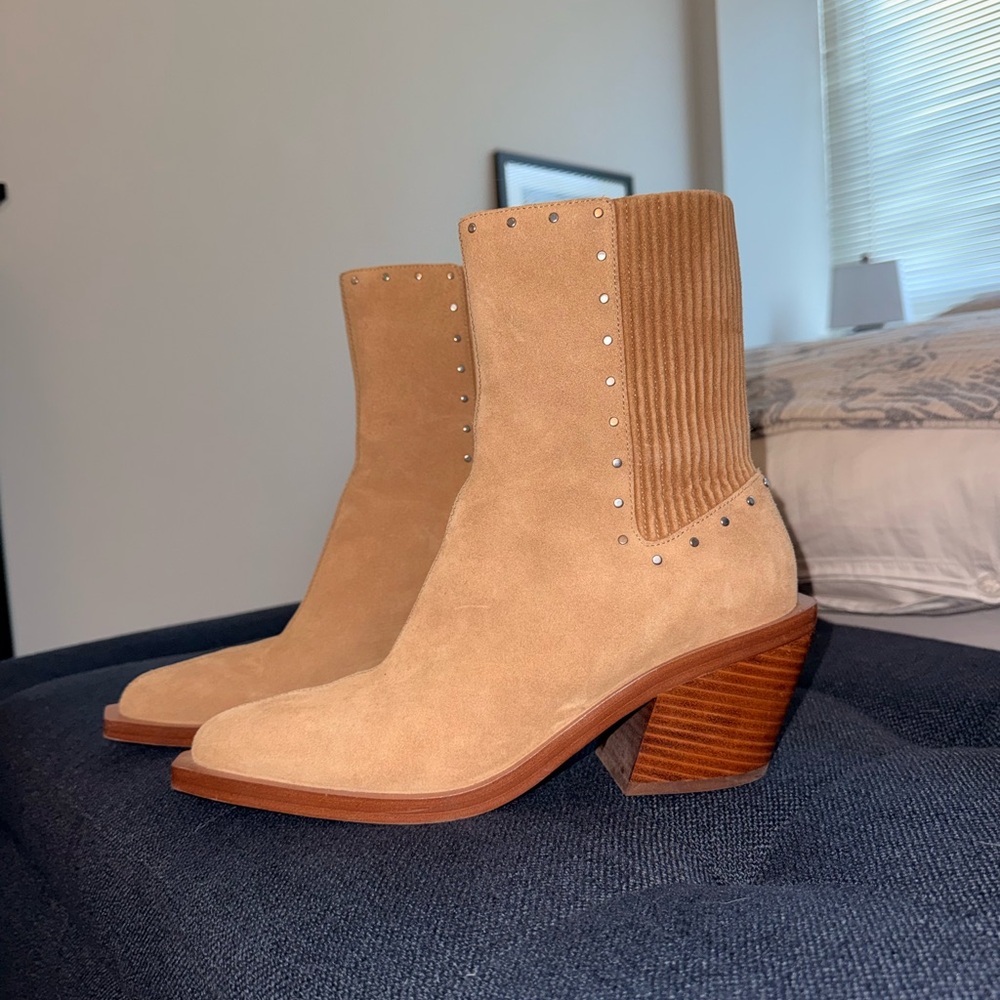 Coach Women's Suede Ankle Boots in Tan with Stud Detail
